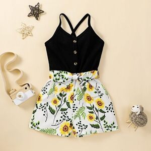 Girls Black Ribbed Sleeveless Cami Jumper Floral Belted Shorts Summer Outfit